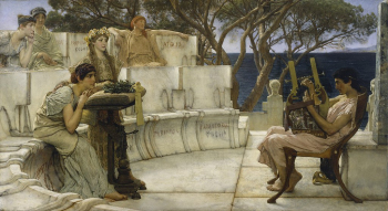 Sir Lawrence Alma-Tadema, R.A. (Dutch and British, 1836-1912). 'Sappho and Alcaeus,' 1881. oil on panel. Walters Art Museum (37.159): Acquired by William T. Walters, after 1881.