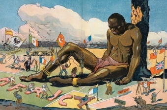 The sleeping sickness. Illustration shows a large African man sitting, leaning against a tree, asleep; several European countries are staking claims to portions of Africa, planting flags labeled "England, Portugal, Belgium, Turkey, Italy, Germany, Spain, and France" all around the sleeping man. Date 1911 October 25.