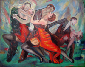 Pintura original sobre tango argentino, danza sensual.Parejas de bailarines de tango danzando.Ellas con vestidos rojos y ellos con trajes negros.